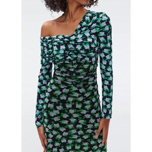 NWT DVF Leia Off-the-Shoulder Dot Blossom Mesh Stretch Ruched Midi DressSz XL